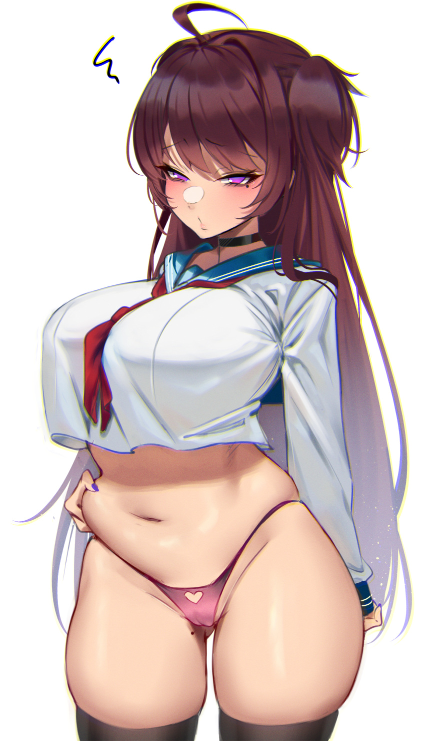 absurdres ahoge anima_(togashi) arm_behind_back ass_visible_through_thighs belly_grab blush breasts brown_hair cameltoe choker chromatic_aberration clothing_cutout cowboy_shot crop_top crop_top_overhang curvy female groin half_updo heart_cutout highleg highleg_panties highres large_breasts long_hair long_sleeves looking_at_viewer midriff mole mole_on_thigh mole_under_eye navel neckerchief original panties pink_panties plump puckered_lips purple_eyes purple_nails red_neckerchief sailor_collar school_uniform serafuku shirt simple_background skindentation solo swept_bangs thick_thighs thighhighs thighs tsurime underwear uniform very_long_hair weight_conscious white_background white_shirt wide_hips