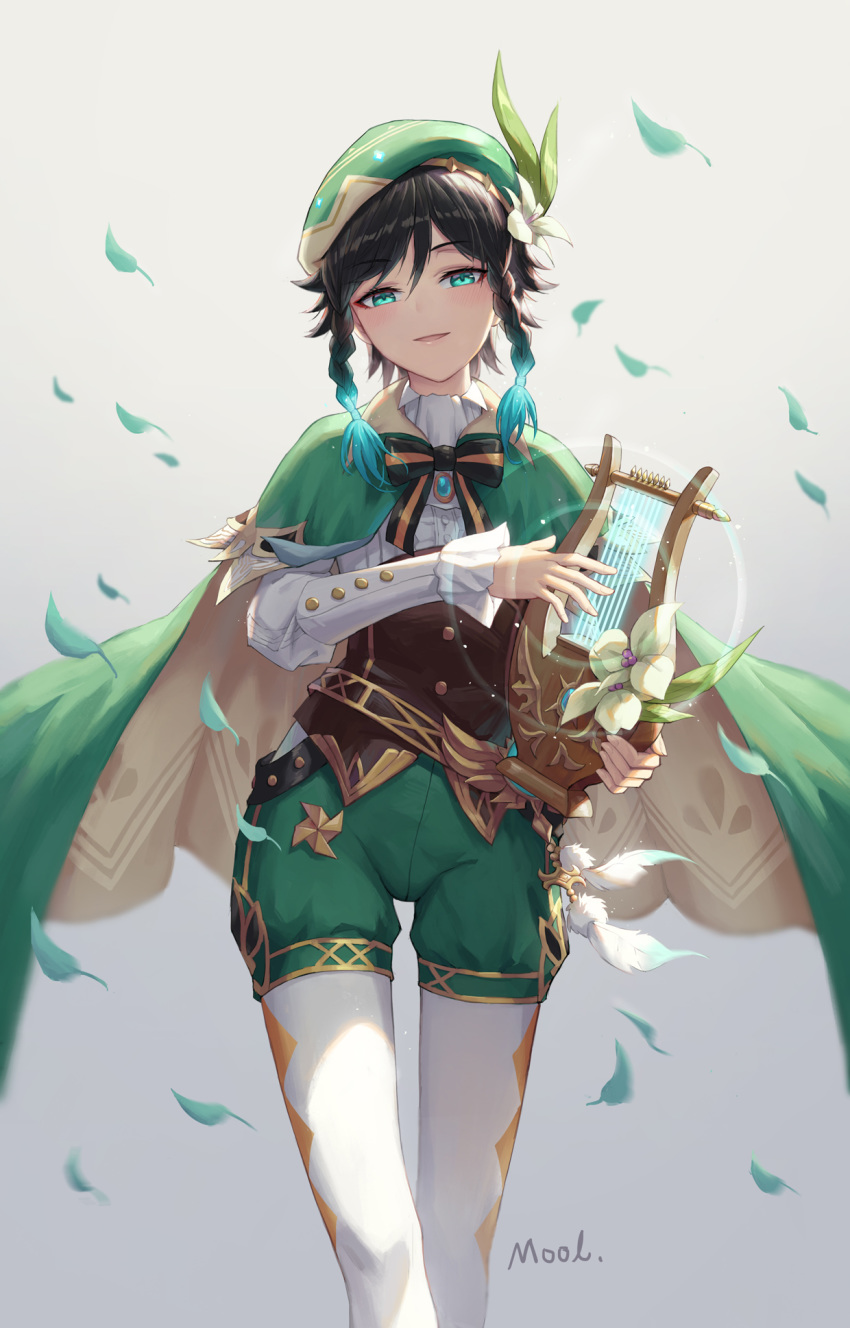 1boy :d argyle_clothes argyle_legwear bard beret black_hair blue_eyes blue_hair blush braid cape chinese_commentary collared_cape commentary_request cowboy_shot falling_leaves flower genshin_impact gradient_hair green_cape green_hat green_shorts grey_background hair_between_eyes hair_ornament hat hat_flower highres holding holding_instrument instrument leaf long_sleeves looking_at_viewer lyre male_focus mool_yueguang multicolored_hair music open_mouth pantyhose playing_instrument shirt shorts signature simple_background smile solo twin_braids venti_(genshin_impact) vision_(genshin_impact) white_pantyhose white_shirt