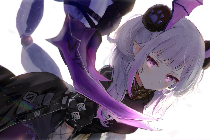 arknights backlighting bad_id bad_twitter_id bent_over black_jacket commentary female head_wings highres jacket looking_at_viewer manticore_(arknights) manticore_(invisible_dirge)_(arknights) multicolored_hair official_alternate_costume paw_print pointy_ears purple_eyes purple_hair scarf scorpion_tail simple_background solo streaked_hair tail toufu_mentaru_zabuton white_background wings