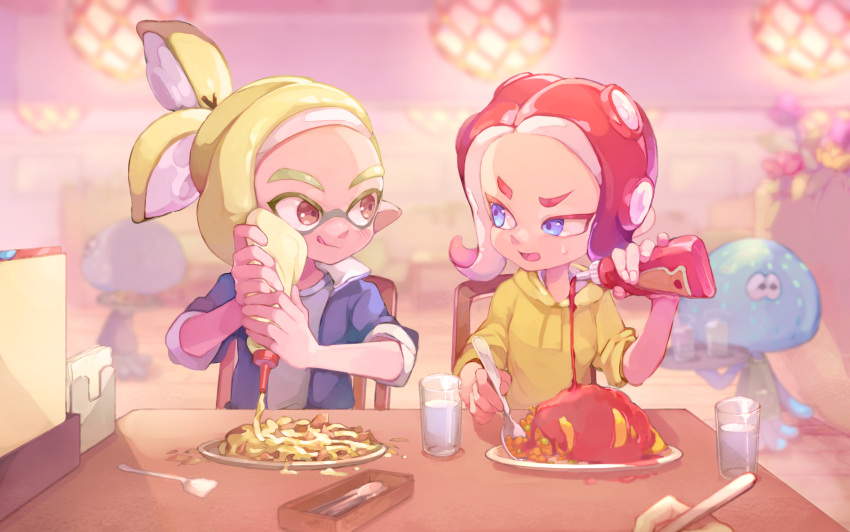 1boy :q blonde_hair blue_eyes blue_jacket blurry blurry_background brown_eyes closed_mouth commentary cup depth_of_field drinking_glass female food highres holding holding_spoon hood hoodie indoors inkling inkling_boy inkling_player_character jacket jellyfish_(splatoon) ketchup ketchup_bottle looking_at_another mayonnaise mayonnaise_bottle medium_hair mkakimikan octoling octoling_girl octoling_player_character omelet omurice open_clothes open_jacket plate pointy_ears ponytail restaurant sitting sleeves_rolled_up smile splatoon_(series) splatoon_2 spoon suction_cups sweatdrop table tongue tongue_out water wooden_chair wooden_table yellow_hoodie