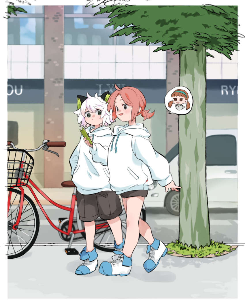 1boy bicycle black_shorts blush brown_hair building car drawstring female highres hood hood_down hoodie leaf luo_xiaobai luo_xiaohei luo_xiaohei_(human) luo_xiaohei_zhanji motor_vehicle open_clothes outdoors pink_hair sen_juge shanxin_(the_legend_of_luoxiaohei) shoes shorts smile tree walking white_hair white_hoodie wide_shot