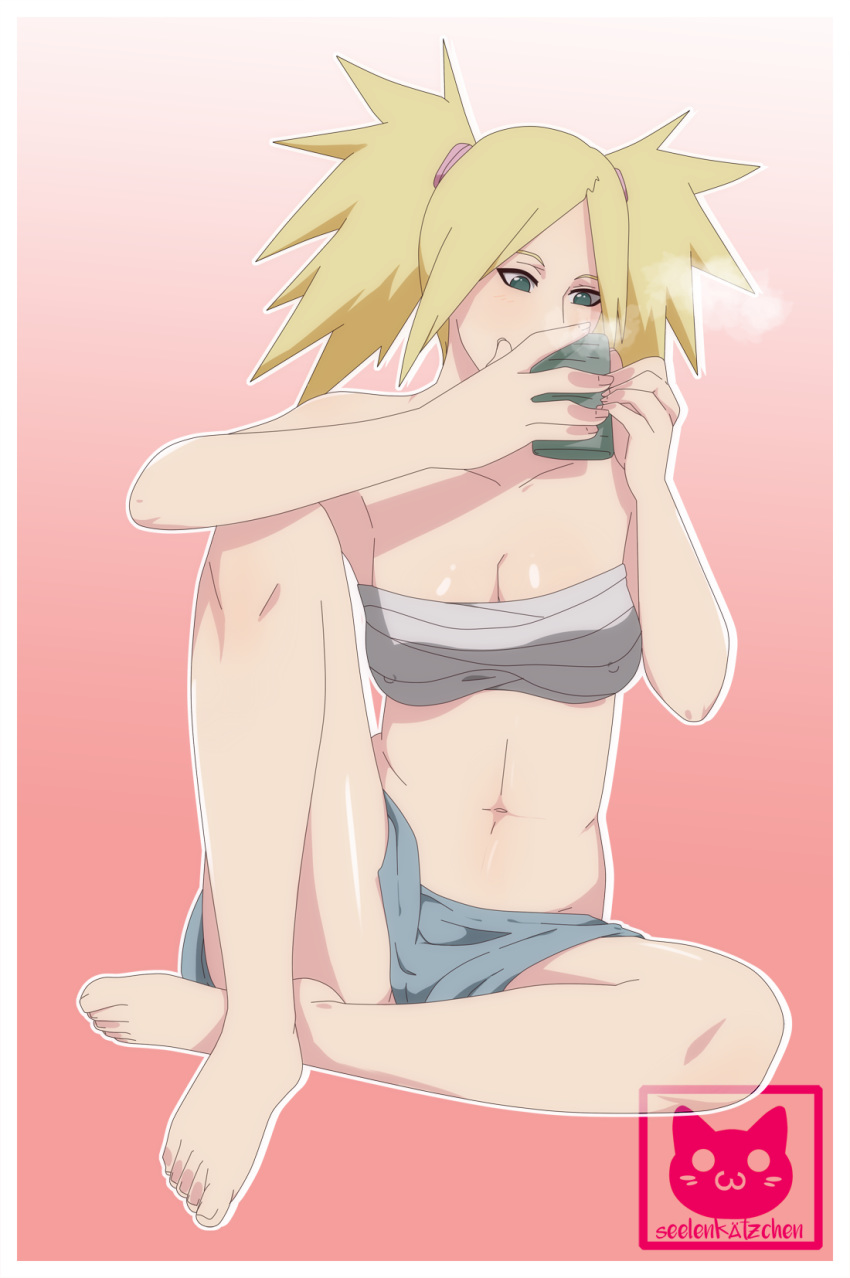 1girls bangs bare_shoulders barefoot blonde_hair breasts cameltoe cleavage crossed_legs cup drink drinking feet female female_only green_eyes holding_object long_hair naruto naruto:_the_last naruto_(series) nipples no_bra no_panties seelenkaetzchen solo spread_legs steam temari tied_hair toes tubetop twintails visible_nipples