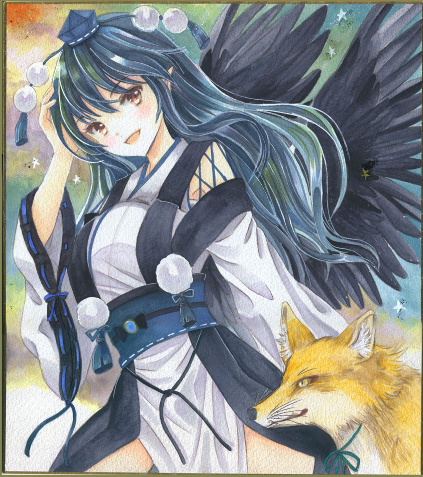 :d bird_wings black_feathers black_wings blue_hair blush breasts commentary_request dark_blue_hair feathered_wings feathers female hajike_akira hat highres iizunamaru_megumu kourindou_tengu_costume kudamaki_tsukasa kudamaki_tsukasa_(fox) large_breasts looking_at_viewer open_mouth pointy_ears pom_pom_(clothes) shikishi smile tengu tokin_hat touhou traditional_media wings