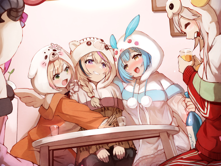 5girls :d ^_^ animal_hood black_hair black_pants blue_hair bottle braid breasts brown_eyes brown_shirt closed_eyes commentary_request cup drink drinking_glass green_eyes grey_hair grin hair_between_eyes hair_over_shoulder highres holding holding_bottle holding_cup holofive hololive hood hood_up hoodie indoors jacket long_sleeves mano_aloe medium_breasts mini_wings momosuzu_nene multicolored_hair multiple_girls oerba_yun_fang omaru_polka pants pink_hair purple_eyes red_jacket red_pants seal_hood seiza shirt shishiro_botan single_braid sitting smile star-shaped_pupils star_(symbol) streaked_hair sue_(bg-bros) symbol-shaped_pupils table track_jacket track_pants track_suit virtual_youtuber white_hoodie white_wings wings yukihana_lamy