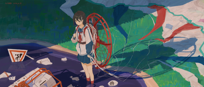 artist_name blue_sailor_collar blue_skirt brown_hair commentary_request dated day female full_body grass hair_ornament hairclip highres jacket long_sleeves looking_at_object mouth_hold neckerchief original outdoors parachute paramotor pleated_skirt red_neckerchief red_socks sailor_collar school_uniform serafuku shadow short_hair sign skirt socks solo stalk_in_mouth standing wading warning_sign water white_jacket xilmo