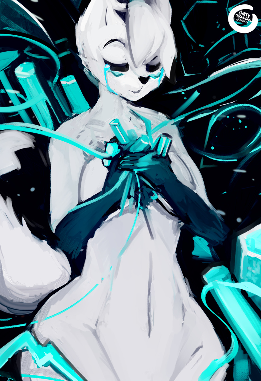 anthro bismuth_(gem) bodily_fluids body_horror breasts canid canine cardiophilia closed_eyes dirtyscoundrel female fennec_fox fox fur gem hi_res light mammal markings solo tears true_fox white_body white_fur wind