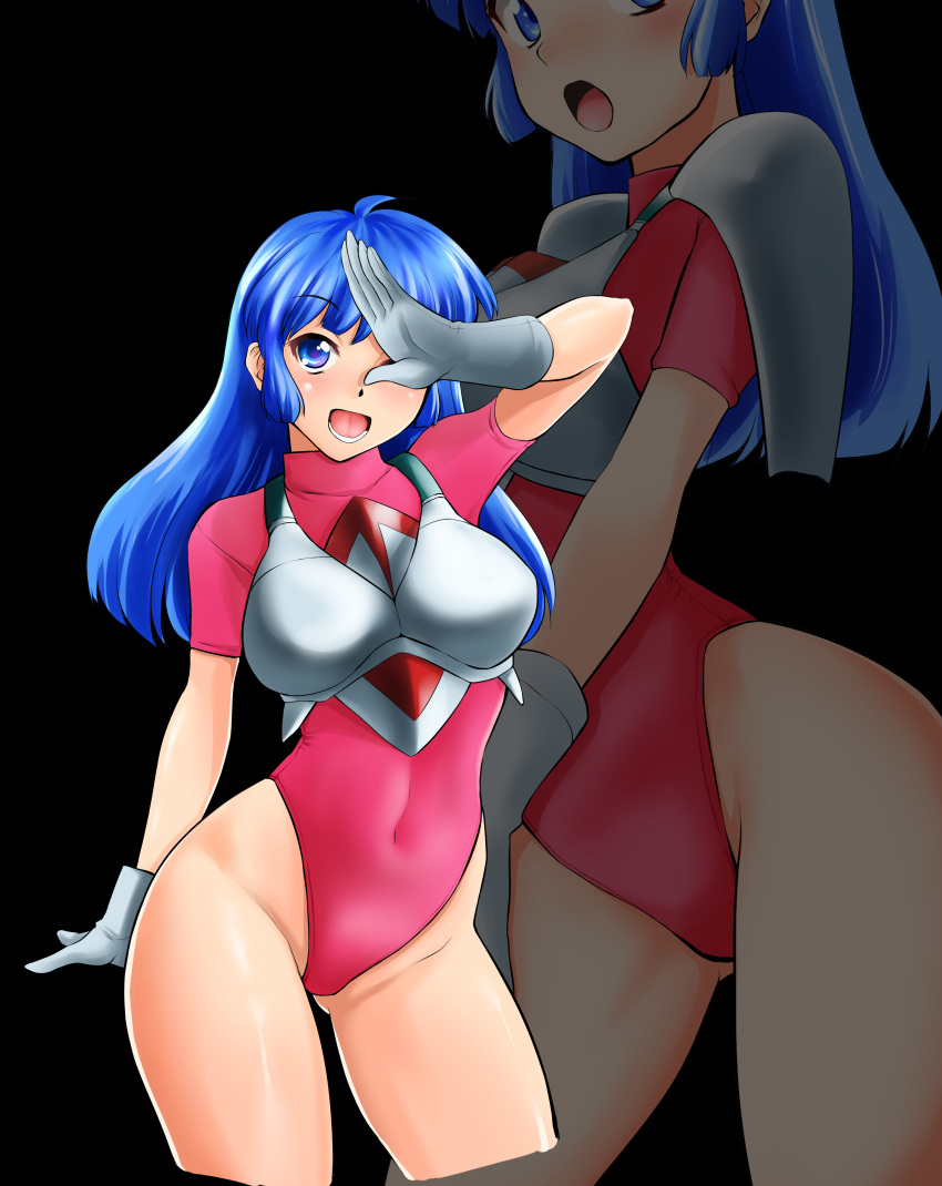 absurdres black_background blue_eyes blue_hair burning_force commentary_request contrapposto covering_one_eye cowboy_shot cropped_legs female gloves highleg highleg_leotard highres leotard long_hair multiple_views nanao_futaba open_mouth pink_leotard short_sleeves tengenji_hiromi white_gloves zoom_layer