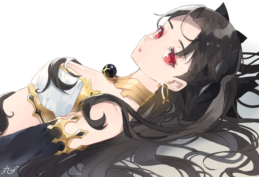 bare_shoulders black_hair breasts commentary_request earrings fate/grand_order fate_(series) female hair_ornament hair_ribbon highres ishtar_(fate) jewelry long_hair looking_at_viewer lying oomori_(kswmr) red_eyes ribbon solo twintails