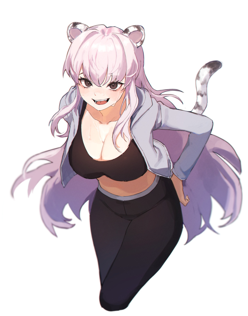 :d animal_ears bad_id black_eyes black_pants black_shirt blush breasts cleavage collarbone commission crop_top cropped_legs female hand_on_own_hip highres large_breasts leaning_forward leggings long_hair looking_at_viewer midriff open_mouth original pants second-party_source seol_baekeunhwa_(teusai) shirt simple_background smile solo standing stomach tail thighs tiger_ears tiger_tail very_long_hair white_background white_hair yogu_(user_rxdx2445)