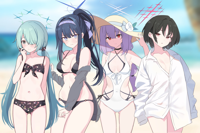 4girls absurdres alternate_breast_size alternate_hairstyle arius_squad_(blue_archive) atsuko_(blue_archive) bikini black_bikini black_hair blue_archive blue_eyes blue_hair breasts casual_one-piece_swimsuit closed_mouth commentary_request cosplay covered_navel floral_print goyain hair_over_one_eye hairband halo hanako_(blue_archive) hanako_(blue_archive)_(cosplay) hanako_(swimsuit)_(blue_archive) hat high_ponytail highres hinata_(blue_archive) hinata_(blue_archive)_(cosplay) hinata_(swimsuit)_(blue_archive) hiyori_(blue_archive) koharu_(blue_archive) koharu_(blue_archive)_(cosplay) koharu_(swimsuit)_(blue_archive) large_breasts long_hair looking_at_viewer low_twintails medium_breasts misaki_(blue_archive) multiple_girls navel one-piece_swimsuit print_bikini purple_hair purple_hairband red_eyes saori_(blue_archive) scratching_cheek shirt short_hair stomach sun_hat swimsuit twintails ui_(blue_archive) ui_(blue_archive)_(cosplay) ui_(swimsuit)_(blue_archive) very_long_hair white_one-piece_swimsuit white_shirt