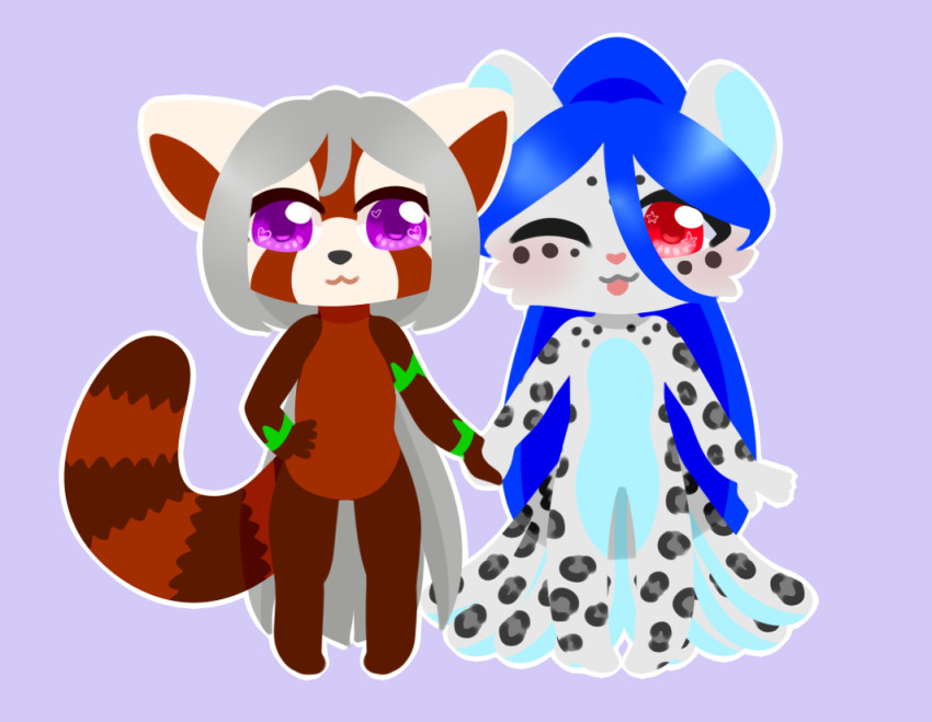 2020 5_fingers ailurid anthro biped blep chibi digital_media_(artwork) duo eyelashes featureless_crotch felid female fingers fur hair hand_holding happy humanoid_hands kaliancia long_hair looking_at_viewer mammal markings multi_tail naska_(zro4825) nude octipop pantherine red_body red_fur red_panda simple_background smile snow_leopard spots spotted_body spotted_fur standing striped_body striped_fur stripes tail tongue tongue_out white_body white_fur