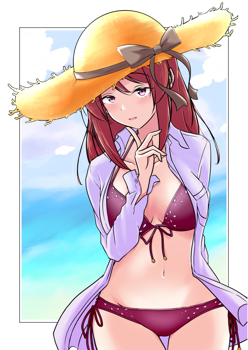 :o absurdres arm_behind_back bikini blurry blurry_background blush breasts breasts_apart collarbone cowboy_shot female finger_to_cheek groin halterneck hand_up hat highres idolmaster idolmaster_cinderella_girls large_breasts light_smile long_sleeves looking_at_viewer mifune_miyu motodouryou navel ocean open_clothes open_shirt outside_border panties red_hair shirt side-tie_bikini_bottom side-tie_panties solo stomach straw_hat swimsuit thigh_gap thighhighs underwear white_shirt