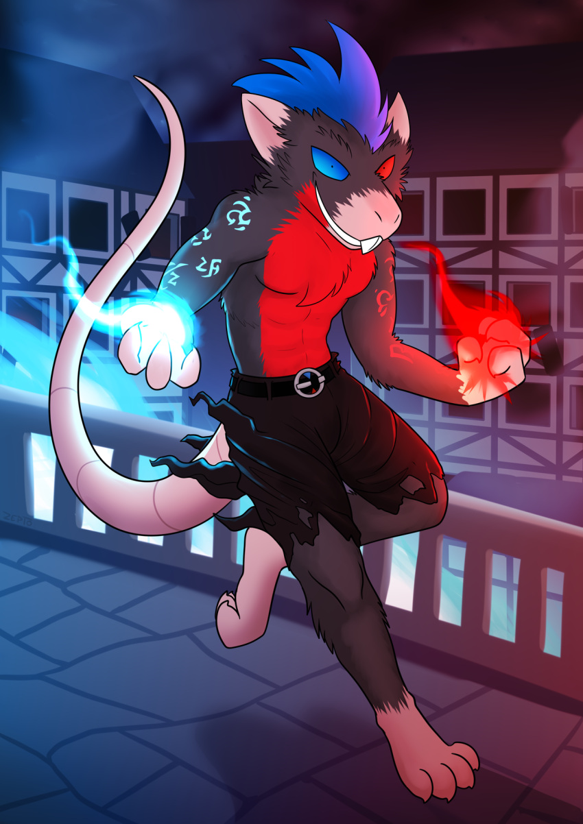 2021 anthro city clothed clothing corops_blackscale detailed_background elemental_manipulation fire fire_manipulation glowing heterochromia hi_res looking_at_viewer magic magic_user male mammal murid murine outside rat rodent runes solo topless torn_clothing zeptophidia