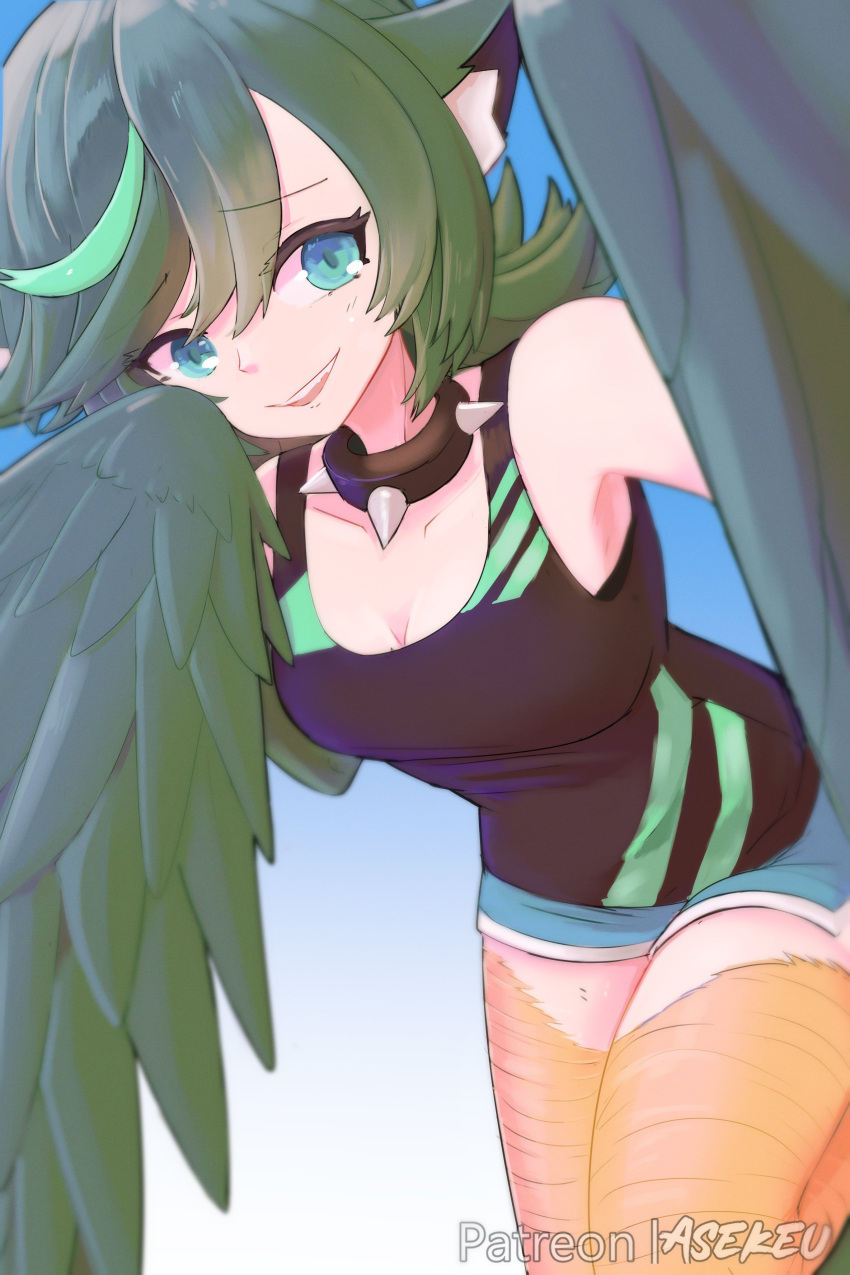 absurdres animal_ears artist_name asekeu bare_shoulders bird_legs black_tank_top blue_shorts breasts cat_ears choker cleavage commentary commission english_commentary feathers female green_eyes green_feathers green_hair green_wings harpy highres long_hair looking_at_viewer monster_girl open_mouth original patreon_username pov quill_(asekeu) shorts small_breasts smile solo spiked_choker spikes tank_top winged_arms wings