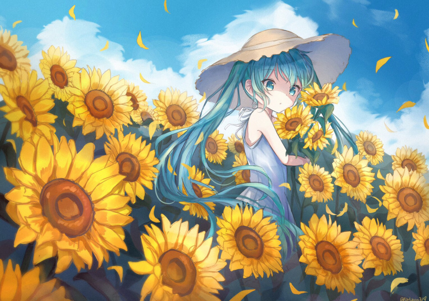 aqua_eyes aqua_hair blue_sky brown_hat cloud commentary day dress female field flower hat hatsune_miku holding holding_flower long_hair looking_at_viewer noneon319 outdoors parted_lips petals sky sleeveless sleeveless_dress solo straw_hat sun_hat sunflower sunflower_petals twintails upper_body vocaloid white_dress yellow_flower