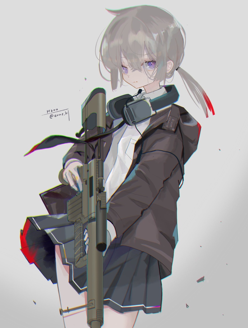 antenna_hair black_skirt bolt_action brown_hair brown_jacket cheytac_m200 closed_mouth ear_protection enne_kl female girls'_frontline grey_background gun headset highres holding holding_gun holding_weapon jacket korean_commentary long_sleeves looking_at_viewer m200_(girls'_frontline) polo_shirt ponytail purple_eyes rifle shirt simple_background skirt sniper_rifle solo weapon white_shirt