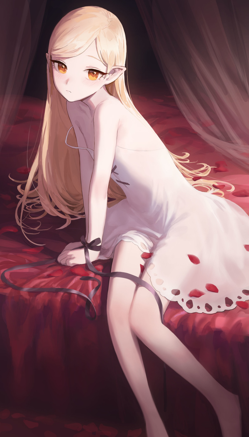 absurdres bare_legs bare_shoulders bed black_ribbon blonde_hair bound bound_wrists canopy_bed commentary commission dress english_commentary female frown highres long_hair looking_at_viewer monogatari_(series) on_bed orange_eyes oshino_shinobu petals pointy_ears pumpkinspicelatte ribbon rose_petals sitting solo strap_slip white_dress