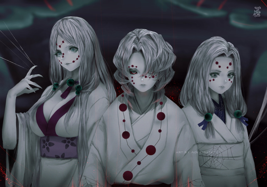 1boy 2girls aoi_ogata artist_name blurry blurry_background breasts cleavage closed_mouth colored_skin commentary depth_of_field english_commentary facial_mark fingernails forehead_mark grey_eyes grey_hair hair_ornament hair_over_one_eye highres japanese_clothes kimetsu_no_yaiba kimono large_breasts long_hair long_sleeves looking_at_viewer mother_spider_demon_(kimetsu_no_yaiba) multiple_girls obi older_sister_spider_demon_(kimetsu_no_yaiba) parted_bangs rui_(kimetsu_no_yaiba) sash sharp_fingernails short_sleeves spider_web_print upper_body white_kimono white_skin wide_sleeves