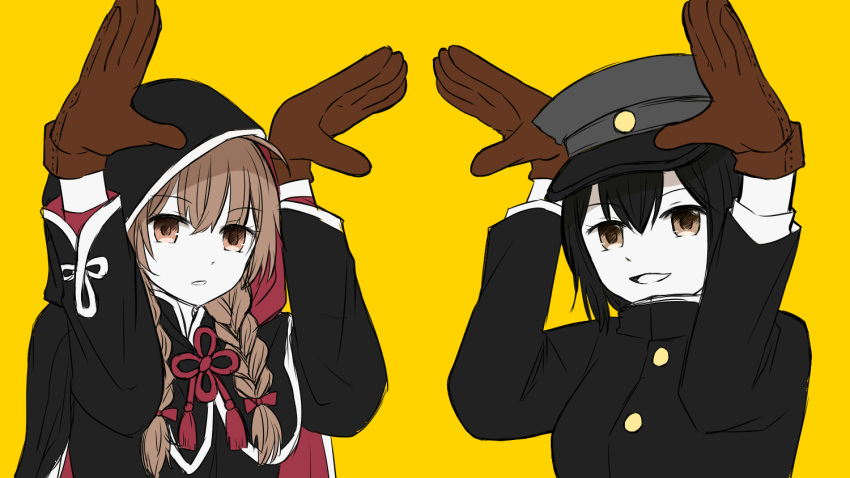 2girls akitsu_maru_(kancolle) akitsu_maru_kai_(kancolle) black_hair braid brown_eyes brown_gloves brown_hair capelet commentary gloves hat hood hood_up hooded_capelet kantai_collection long_hair long_sleeves matryoshka_(vocaloid) multiple_girls open_mouth pale_skin parody pose shinshuu_maru_(kancolle) short_hair simple_background sorata_(sorairo_honpo) twin_braids upper_body yellow_background