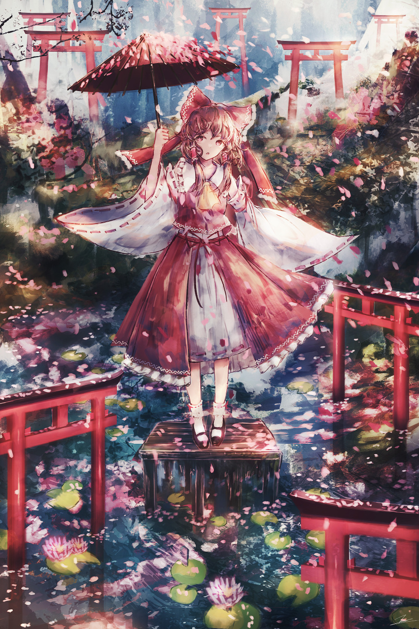 :o absurdres ascot black_footwear bobby_socks bow branch brown_eyes brown_hair cherry_blossoms collared_dress commentary detached_sleeves dress eyebrows_hidden_by_hair female flower frilled_bow frilled_hair_tubes frilled_shirt_collar frills full_body hair_tubes hairbow hakurei_reimu hand_up highres holding holding_umbrella layered_clothes lily_pad long_sleeves looking_to_the_side oil-paper_umbrella open_mouth outdoors parasol pink_flower platform red_bow red_ribbon red_skirt red_vest ribbon ribbon-trimmed_dress ribbon-trimmed_legwear ribbon-trimmed_sleeves ribbon_trim shoes short_hair_with_long_locks skirt skirt_set sleeveless sleeveless_dress socks solo tonan_(l0l0l0l0l0l) torii touhou umbrella vest water water_lily_flower white_dress white_sleeves white_socks wide_sleeves yellow_ascot