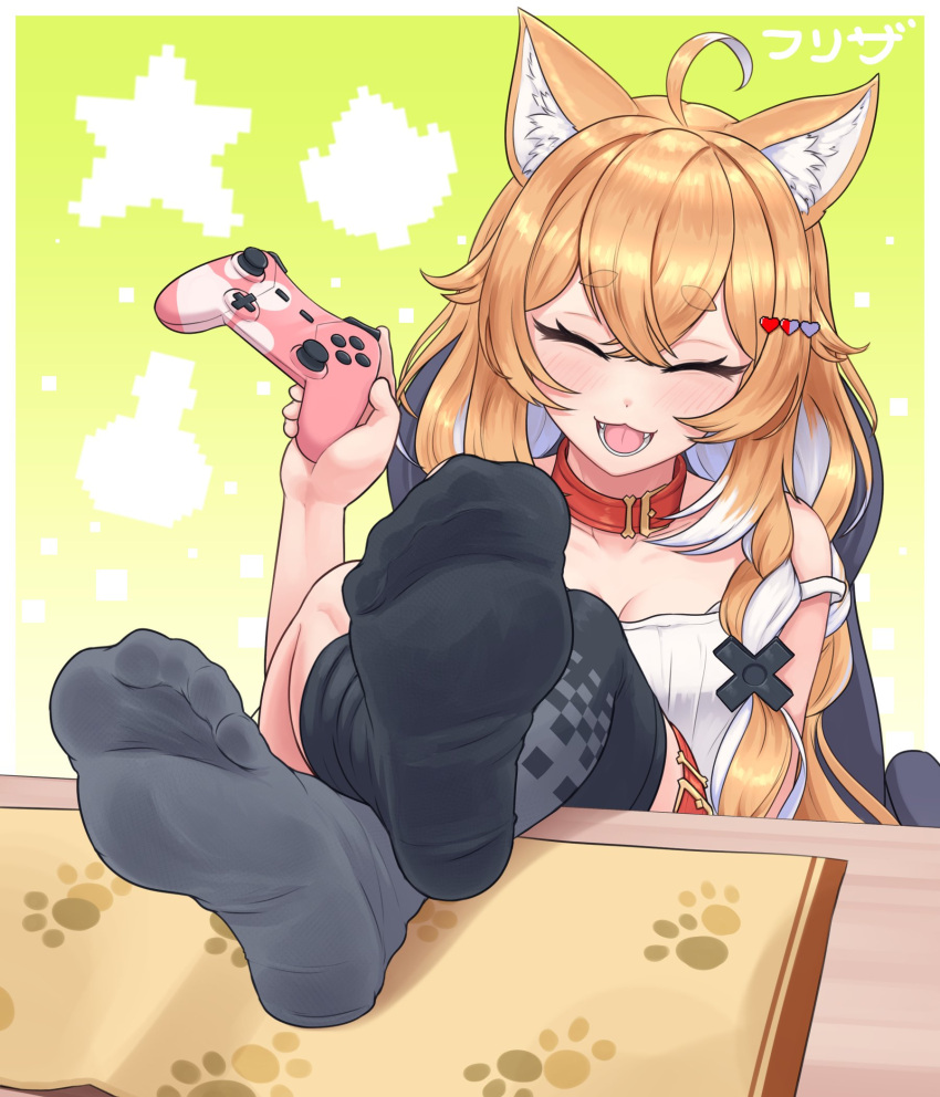 ahoge animal_ear_fluff animal_ears black_socks blush collar controller crossed_legs dog_ears dog_girl efreezerarts feet female foot_focus foreshortening game_controller gamepad hair_ornament heart heart_hair_ornament highres idol_corp multicolored_hair no_shoes paw_print pochi_wanmaru pochi_wanmaru_(pochi_1.0) presenting_foot red_collar socks soles solo spread_toes toes virtual_youtuber