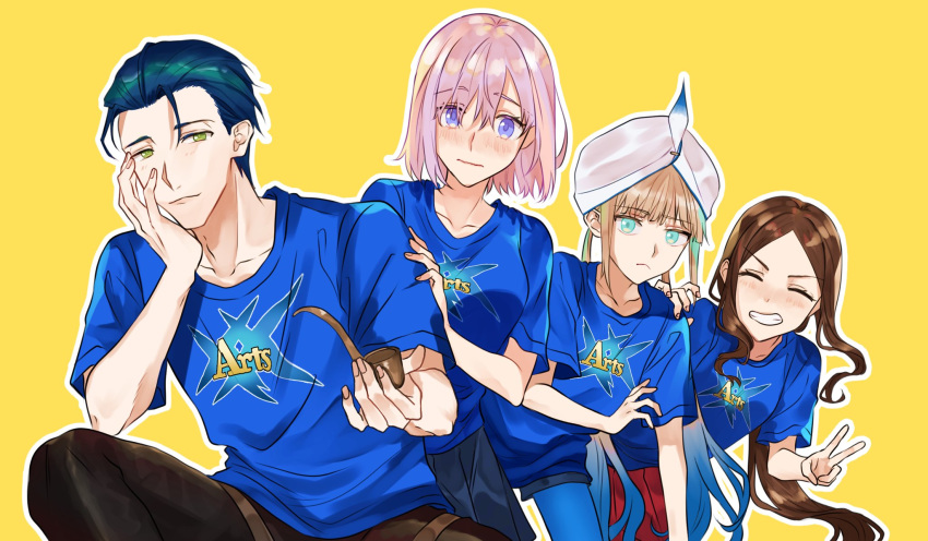 2boys 2girls arts_shirt black_hair blonde_hair brown_hair captain_nemo_(fate) closed_eyes fate/grand_order fate_(series) grin hair_slicked_back highres leonardo_da_vinci_(fate) leonardo_da_vinci_(rider)_(fate) low_ponytail mash_kyrielight multiple_boys multiple_girls nemo_(fate) pink_hair sherlock_holmes_(fate) smile smoking_pipe turban twintails v yamabuki0211 yellow_background