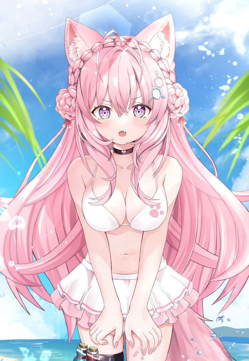 absurdres animal_ear_fluff animal_ears bikini bikini_skirt blush braid breasts cleavage commentary_request day female hakui_koyori highres hololive kyabetsu_ningen long_hair looking_at_viewer ocean oerba_yun_fang open_mouth outdoors pink_hair purple_eyes solo swimsuit virtual_youtuber white_bikini wolf_ears