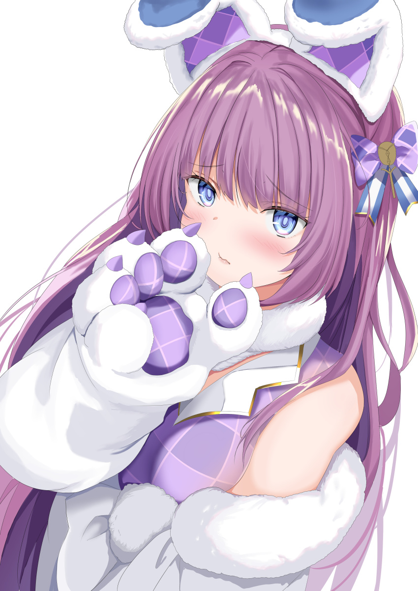 absurdres animal_ears animal_hands azur_lane bare_shoulders blue_eyes blush breasts checkered_clothes checkered_shirt closed_mouth collared_shirt commentary_request fake_animal_ears female gloves hand_up haruto_(nyannzou789) highres long_hair looking_at_viewer paw_gloves purple_hair purple_shirt shirt simple_background sleeveless sleeveless_shirt small_breasts tashkent_(azur_lane) tashkent_(muse)_(azur_lane) upper_body very_long_hair wavy_mouth white_background