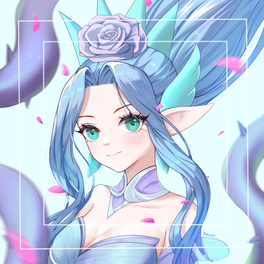 artist_name bare_shoulders blurry blurry_background blush breasts cleavage crystal_rose_janna detached_sleeves female flower green_eyes green_hair hair_flower hair_ornament hair_up highres janna_(league_of_legends) kanro_(1164745862) league_of_legends long_hair medium_breasts parted_bangs pointy_ears smile white_background