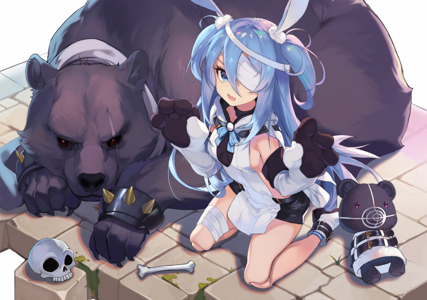 :d animal animal_ears animal_hands bandage_over_one_eye bare_shoulders bear black_choker black_shorts blue_eyes blue_hair bone boots bow bowtie breasts choker doll_joints elbow_gloves female gloves hair_between_eyes highres hood hood_down joints kneeling little_witch_nobeta long_hair looking_at_viewer monica_(little_witch_nobeta) oerba_yun_fang official_art oneko open_mouth paw_gloves rabbit_ears revealing_clothes short_shorts shorts sideless_outfit skin_fang skull small_breasts smile socks solo stuffed_animal stuffed_toy teddy_bear thighs two_side_up very_long_hair