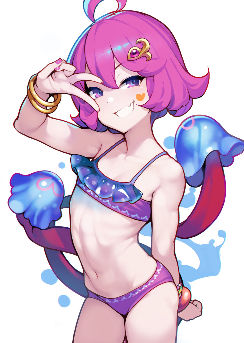 absurdres ahoge arched_back arm_up ataruman bare_arms bare_shoulders bikini brave_frontier cowboy_shot female flat_chest grin hair_ornament hairclip highres looking_at_viewer nail_polish navel oerba_yun_fang pink_bikini pink_hair purple_eyes sae_(brave_frontier) short_hair simple_background smile solo stomach swimsuit tentacle v white_background