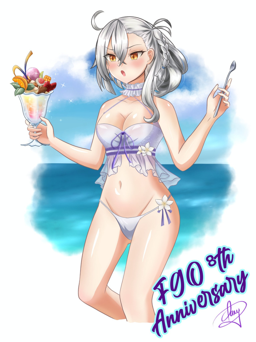 ahoge albino angie03 beach blush braid fate/grand_order fate_(series) food fruit glass highres holding holding_food ice_cream looking_at_object ocean olga_marie_animusphere open_mouth orange_eyes parfait spoon summer surprised swimsuit u-olga_marie white_hair