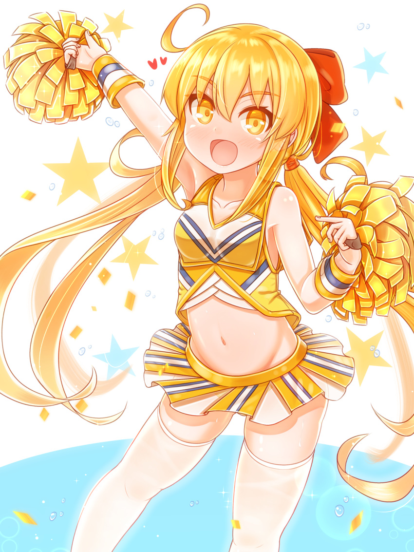 :d absurdres ahoge alternate_costume blonde_hair blush breasts cheerleader collarbone commentary_request feet_out_of_frame female groin hair_between_eyes heart highres kantai_collection long_hair low_twintails midriff miniskirt open_mouth pleated_skirt pom_pom_(cheerleading) satsuki_(kancolle) skirt small_breasts smile solo star_(symbol) suzushiro_(gripen39) twintails yellow_eyes