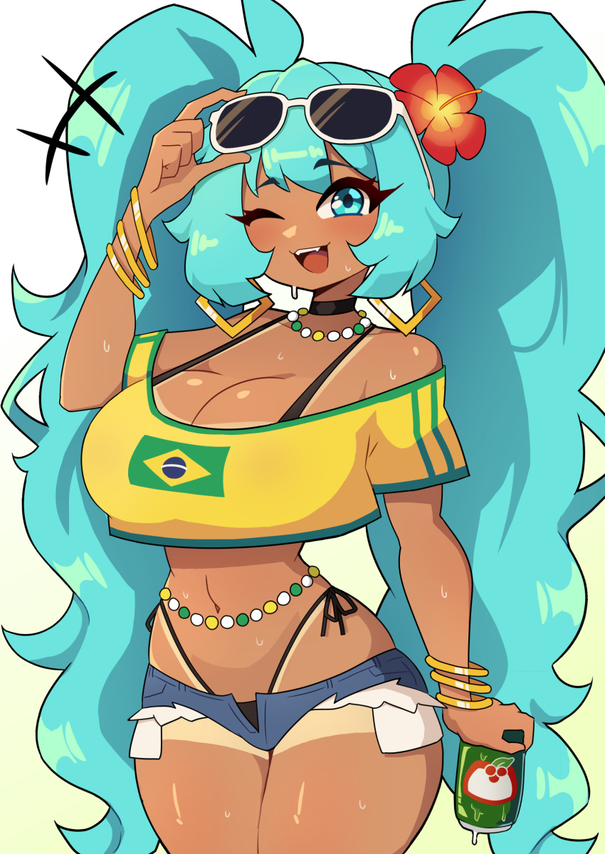 :3 absurdres aqua_eyes aqua_hair bead_choker belly_chain bracelet brazil brazilian_flag brazilian_flag_print brazilian_miku breasts can cleavage collarbone crop_top daigada earrings english_commentary eyewear_on_head fangs female flower gold_earrings gradient_background green_trim guarana_antarctica hair_flower hair_ornament hatsune_miku highres holding holding_can huge_breasts jewelry long_hair looking_at_viewer multiple_bracelets one_eye_closed open_mouth rectangular_earrings red_flower shirt shorts_tan solo sunglasses tan tanline_peek tanlines teeth thighs twintails upper_teeth_only very_long_hair vocaloid white_background yellow_background yellow_shirt