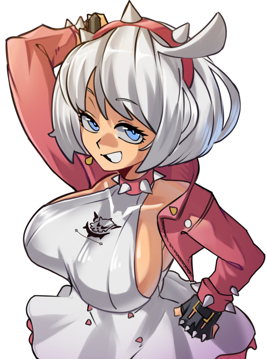 absurdres ahoge arm_on_own_head blue_eyes bob_cut bracelet breasts collar dress elphelt_valentine female guilty_gear guilty_gear_strive hairband hand_up highres huge_ahoge jacket jewelry large_breasts moxydraws pink_bracelet pink_collar pink_hairband pink_jacket short_dress short_hair sideboob smile solo spiked_bracelet spiked_collar spiked_hairband spiked_jacket spikes upper_body white_hair