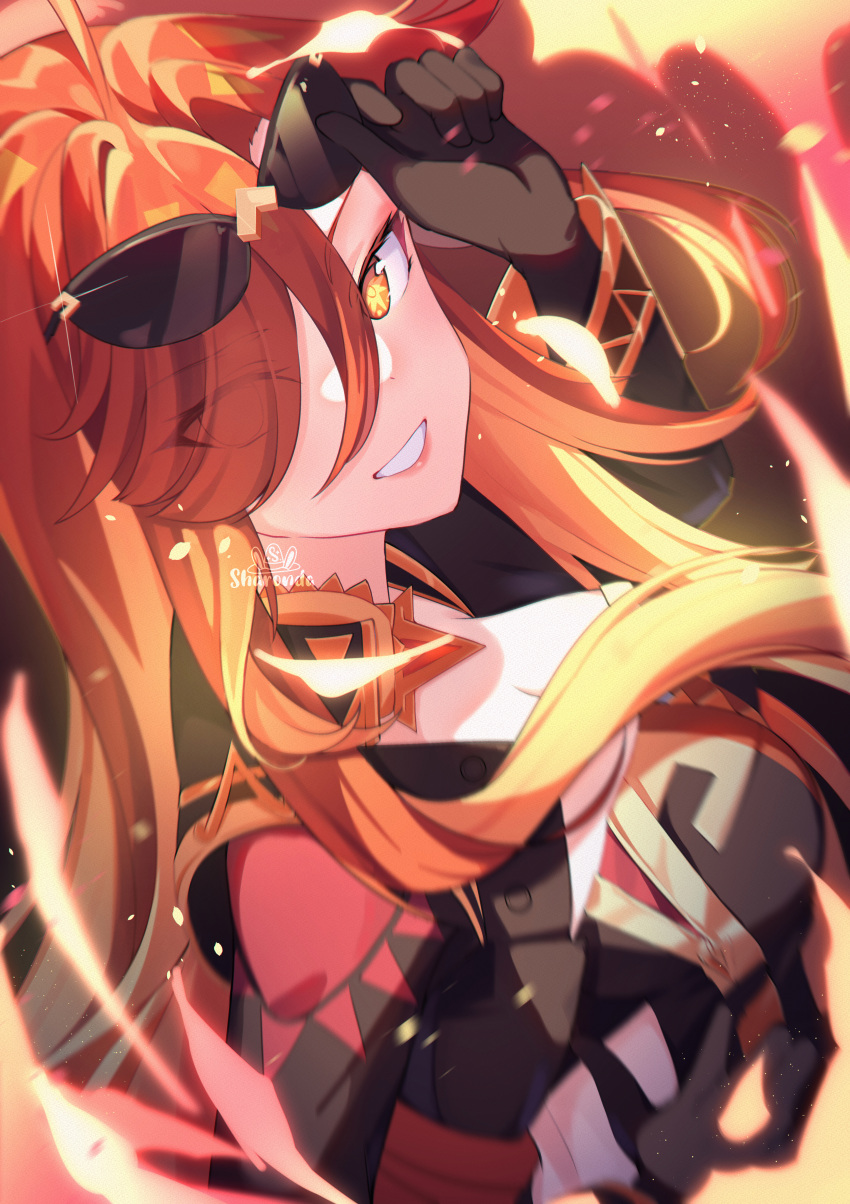 absurdres ahoge black_bikesuit black_gloves breasts cleavage earrings female genshin_impact gloves highres jewelry long_hair looking_at_viewer mavuika_(genshin_impact) multicolored_hair open_mouth orange_eyes orange_hair red_hair sharonda smile solo sun-shaped_pupils sunglasses symbol-shaped_pupils two-tone_hair very_long_hair