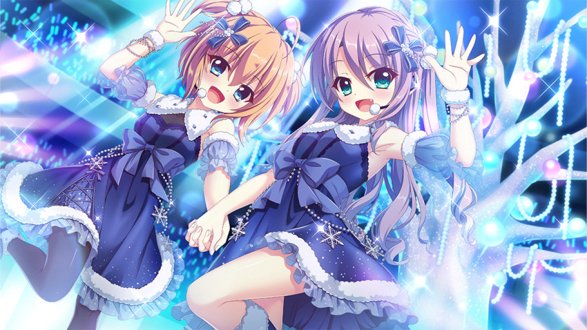 2girls :d ahoge alternate_hairstyle aqua_eyes armpits audience black_pantyhose blue_bow blue_dress blue_eyes blue_sleeves bow bracelet breasts christmas christmas_ornaments concert detached_sleeves dot_nose dress dutch_angle film_grain fur-trimmed_dress fur_bracelet fur_trim game_cg glowstick hair_down hair_ornament hand_up headset holding_hands izumi_tsubasu jewelry lens_flare long_hair multiple_girls non-web_source oerba_yun_fang official_art open_mouth orange_hair pantyhose purple_hair re:stage! see-through see-through_sleeves shikimiya_mana short_hair skirt small_breasts smile snowflake_ornament sparkle stage_lights tree tsukisaka_sayu two_side_up waist_bow waving