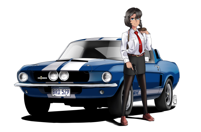 absurdres belt black_hair black_pantyhose black_skirt blue_eyes brown_belt brown_footwear car dark-skinned_female dark_skin female ford_mustang gun gunsmith_cats handgun highres holding holding_gun holding_jacket holding_unworn_clothes holding_weapon holster jacket kyuusanmaru license_plate looking_at_viewer motor_vehicle muscle_car necktie pantyhose pencil_skirt rally_vincent red_necktie shadow shelby_gt500 shirt short_hair sig_p220/p226 signature skirt smile solo weapon white_background white_shirt