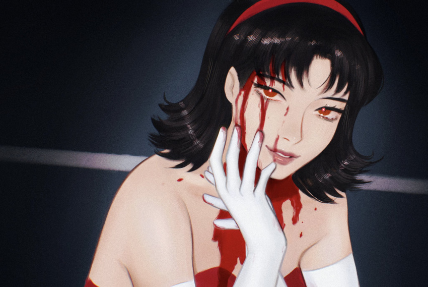 black_background black_hair blood blood_on_chest blood_on_face commentary dress elbow_gloves female gittanart gloves hairband highres kirigoe_mima looking_at_viewer parted_bangs parted_lips perfect_blue red_eyes red_hairband short_hair solo strapless strapless_dress white_gloves