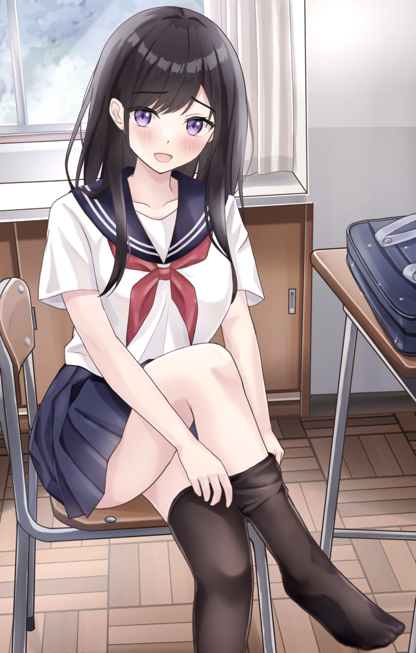 :d bag black_hair black_thighhighs blue_sailor_collar blue_skirt blush breasts chair commentary_request curtains desk female fuyuno_tsubaki_(yukimaru217) highres indoors long_hair looking_at_viewer neckerchief no_shoes on_chair original pleated_skirt purple_eyes red_neckerchief sailor_collar school_bag school_chair school_desk school_uniform serafuku shirt short_sleeves skirt small_breasts smile solo thighhighs thighhighs_pull white_shirt window wooden_floor yukimaru217