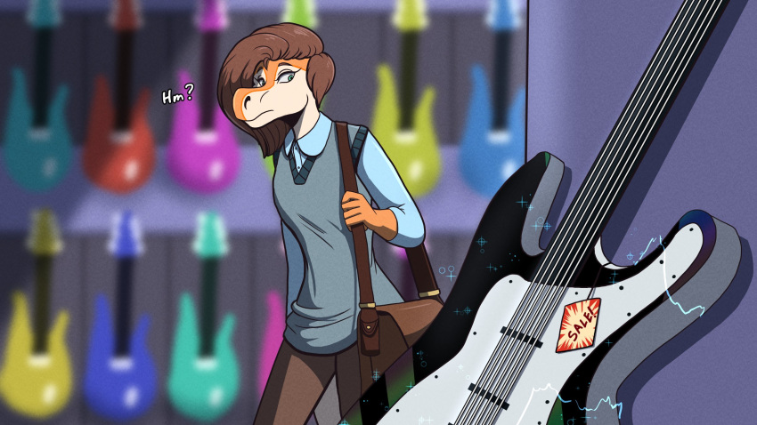 16:9 2024 5_fingers anthro black_guitar blue_dress_shirt blue_guitar blue_wall bottomwear breasts brown_bottomwear brown_clothing brown_eyebrows brown_hair brown_pants clothed clothed_anthro clothed_female clothing colored dialogue digital_drawing_(artwork) digital_media_(artwork) dinosaur electric_guitar electricity english_text eyebrows eyelashes female female_anthro fingers green_guitar grey_clothing grey_topwear grey_vest guitar hair hi_res holding_bag inside light lighting looking_at_guitar looking_at_object mouth_closed multicolored_body multicolored_scales musical_instrument non-mammal_breasts orange_body orange_scales pants plexel plucked_string_instrument prehistoric_species purple_guitar question_mark red_guitar reptile sale scales scalie shaded short_hair shoulder_bag slim_anthro slim_female solo sticker string_instrument tail tan_body tan_scales tan_tail teal_eyes text topwear vest volkenfox wall_(structure) wall_of_guitars widescreen yellow_guitar