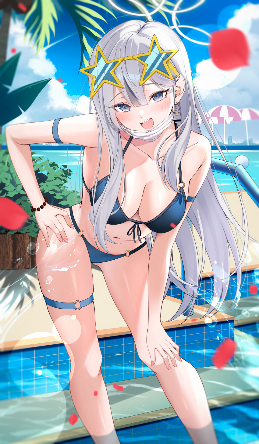 absurdres arm_strap bikini blue_archive blue_bikini blue_sky blush bracelet breasts cleavage coconut_tree commentary ear_ornament earrings eyewear_on_head female front-tie_bikini_top front-tie_top grey_eyes grey_hair halterneck hand_on_own_hip heart heart_earrings highres jewelry konoka_(blue_archive) kunimine_yuzuki long_hair mask mask_around_neck medium_breasts mouth_mask nail navel open_mouth palm_tree pool sky solo string_bikini surgical_mask swimsuit thigh_strap thighs tree yellow-framed_eyewear