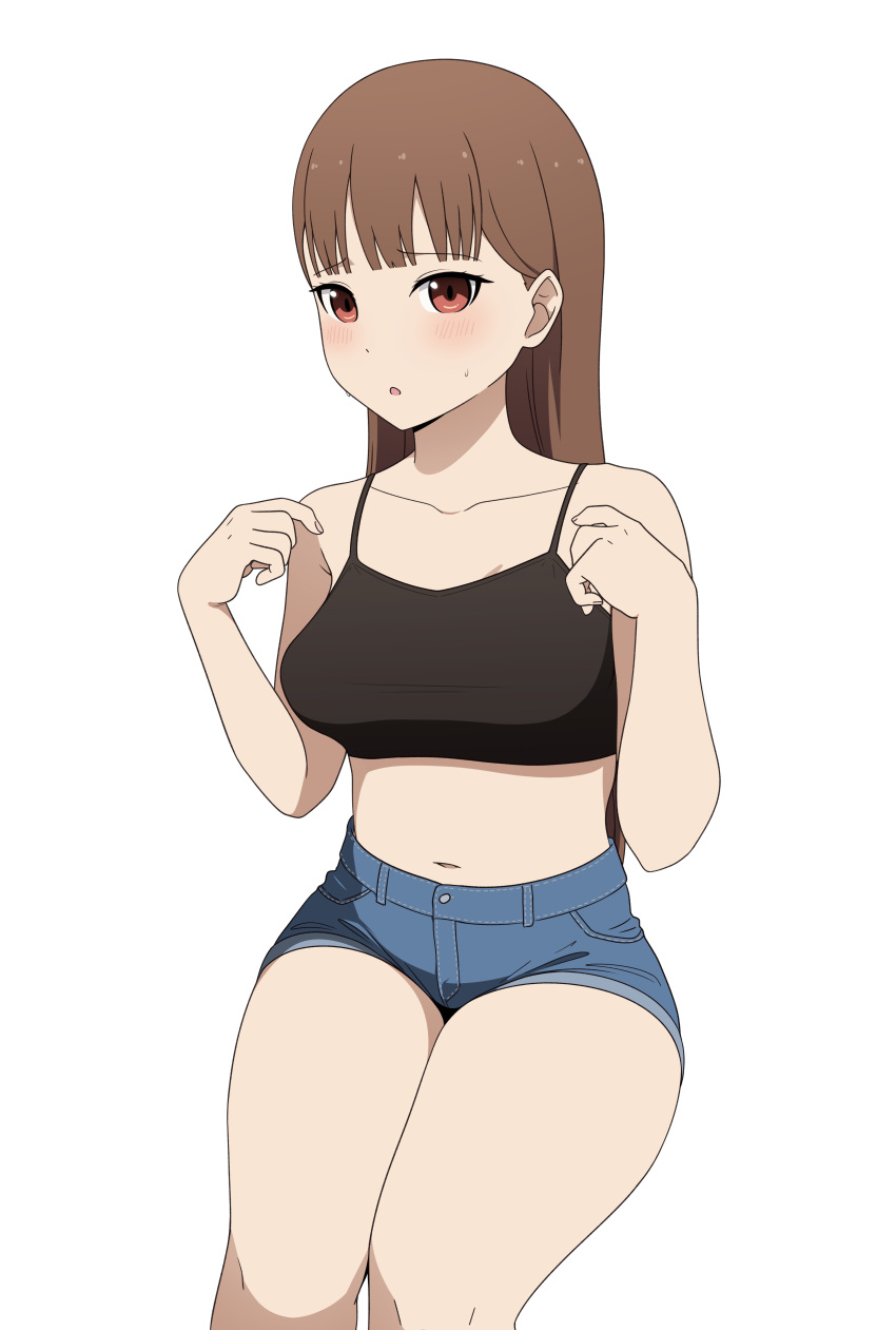 absurdres black_sports_bra breasts brown_eyes brown_hair coro_fae denim denim_shorts female highres iino_miko invisible_chair kaguya-sama_wa_kokurasetai_~tensai-tachi_no_renai_zunousen~ large_breasts navel short_shorts shorts simple_background sitting solo sports_bra sweat white_background