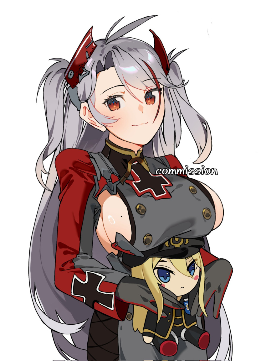 antenna_hair azur_lane bismarck_(azur_lane) breasts character_doll commission cross doll female grey_hair hair_ornament highres holding holding_doll iron_cross long_sleeves looking_at_viewer military_uniform mole mole_on_breast multicolored_hair prinz_eugen_(azur_lane) red_eyes red_hair sideboob smile streaked_hair twintails uniform white_background yongsadragon