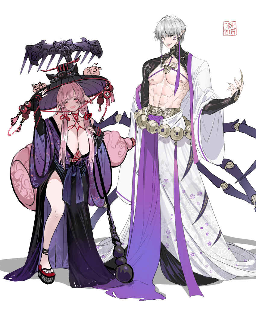 1boy abs absurdres animal_ears arthropod_limbs artist_name black_gloves blush bondage braid breasts bridal_gauntlets closed_eyes commentary dishwasher1910 earrings elbow_gloves english_commentary extra_eyes female floral_print gloves grey_hair hand_on_headwear hand_up hat highres japanese_clothes jewelry journey_to_the_west kimono large_breasts looking_at_viewer muscular muscular_male necklace nipples no_bra off_shoulder open_mouth pectorals pink_hair pointy_ears purple_sash robe sash shadow shibari_under_clothes short_hair single_braid spider_boy staff violet_spider white_background white_robe wide_sleeves zhu_bajie