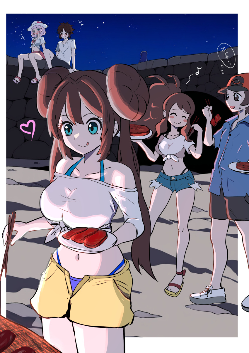 absurdres baseball_cap beach bikini bikini_under_clothes breasts brown_hair denim denim_shorts eating food front-tie_top grill hat highres hilbert_(pokemon) hilda_(pokemon) licking_lips makademia meat nate_(pokemon) night open_fly pink_hair pokemon pokemon_bw pokemon_bw2 ponytail rosa_(pokemon) short_shorts shorts sitting smile swimsuit tongue tongue_out yancy_(pokemon)