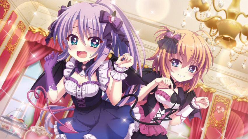 2girls ahoge aqua_eyes bat_hair_ornament black_corset black_horns black_tail blue_eyes blue_skirt blush bow breasts chandelier cleavage corset curtains demon_horns demon_tail demon_wings detached_collar dot_nose dutch_angle expressive_tail film_grain food frilled_skirt frills game_cg gloves grin hair_ornament hairbow hands_up heart heart-shaped_pupils high_ponytail horns indoors izumi_tsubasu lens_flare long_hair multiple_girls non-web_source oerba_yun_fang official_art open_mouth orange_hair pink_corset pink_tail purple_bow purple_gloves purple_hair re:stage! red_curtains shikimiya_mana short_hair sidelocks single_glove skirt small_breasts smile sparkle sweets symbol-shaped_pupils tail tiered_tray touching_tail tsukisaka_sayu window wings