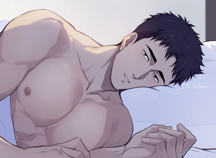 1boy 70_tabmk ao_isami bara black_eyes black_hair head_on_pillow large_pectorals looking_at_viewer lying male_focus muscular muscular_male nipples nude on_bed pectorals pillow short_hair solo teeth twitter_username under_covers upper_body yuuki_bakuhatsu_bang_bravern