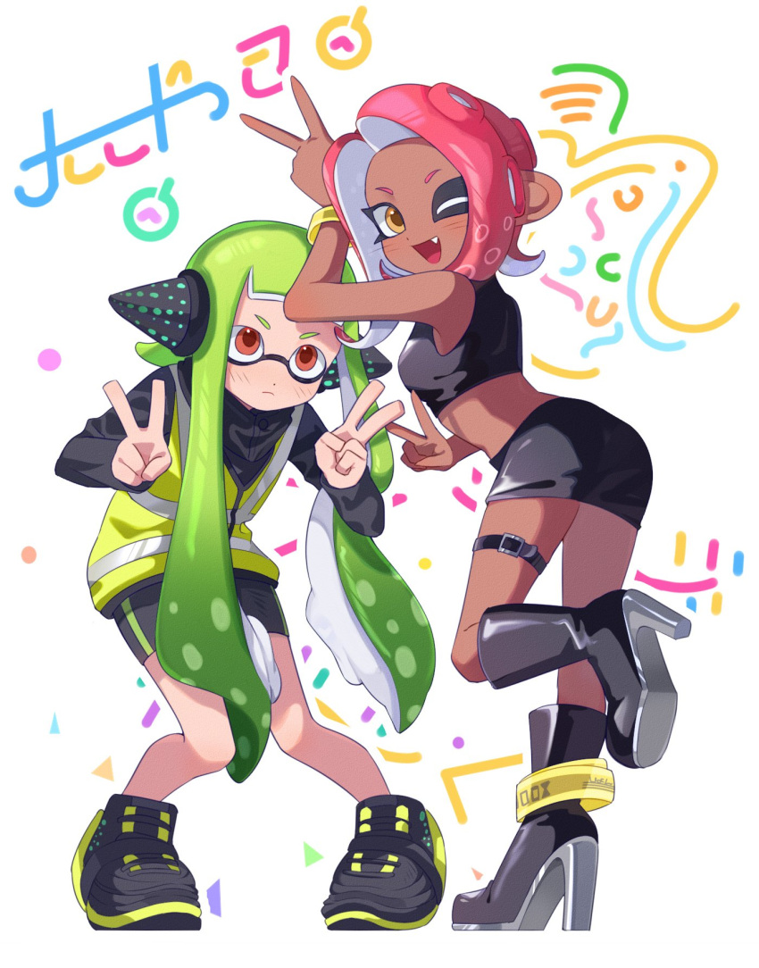 2girls ;d agent_3_(splatoon) agent_8_(splatoon) anklet arm_up behind-the-head_headphones belt bike_shorts black_belt black_footwear black_jacket black_shirt black_shorts black_skirt boots chinese_commentary closed_mouth commentary_request crop_top dark-skinned_female dark_skin double_v fifi_(fifiwinofi) full_body green_hair headphones high-visibility_vest high_heel_boots high_heels highres inkling inkling_girl inkling_player_character jacket jewelry long_hair long_sleeves midriff miniskirt multiple_girls octoling octoling_girl octoling_player_character oerba_yun_fang one_eye_closed open_mouth orange_eyes parted_bangs pencil_skirt red_hair shirt shorts simple_background skirt smile splatoon_(series) splatoon_2 splatoon_2:_octo_expansion standing standing_on_one_leg suction_cups tentacle_hair thigh_belt thigh_strap twintails v vest white_background wristband yellow_eyes yellow_vest yellow_wristband