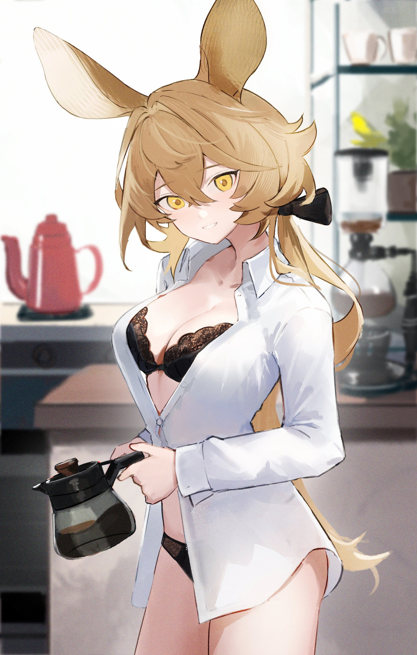 absurdres alternate_costume arknights black_ribbon blonde_hair dorothy_(arknights) ema_(kuguiema) highres holding_coffee_pot lingerie looking_at_viewer ribbon unbuttoned unbuttoned_shirt underwear yellow_eyes